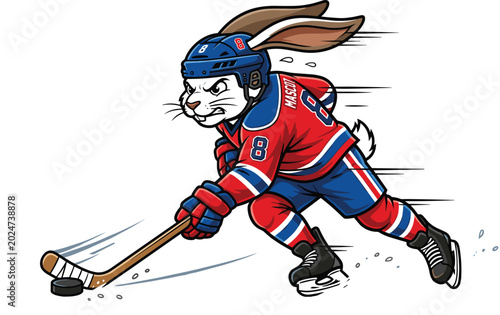 Photography Funny Rabbit Hockey Player Mascot Illustration with Ice Skating Athlete, Sports