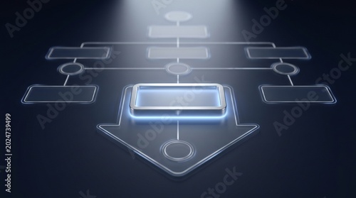 Digital Flowchart Process Diagram with Glowing Metallic Elements