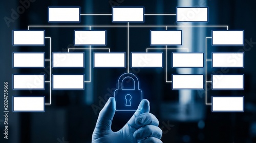 Hand Holding Digital Padlock Icon with Organizational Chart Flowchart