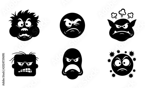Foto Six Black Silhouette Monster Faces, Angry Emoticons, Grumpy Expressions, Vector