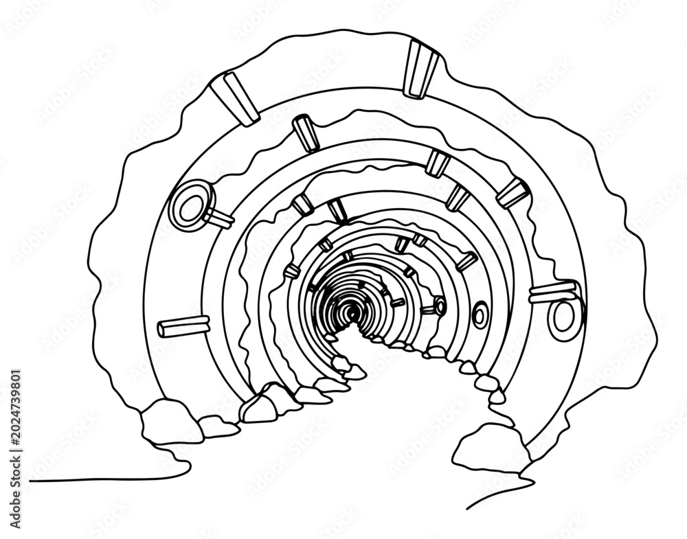 Fototapeta premium Underground tunnel or industrial mine shaft corridor in minimalist continuous line style