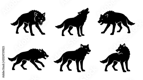 Canvastavla Silhouette Wolf Pack Vector Icons, Wild Canine Animal Poses, Howling and Running