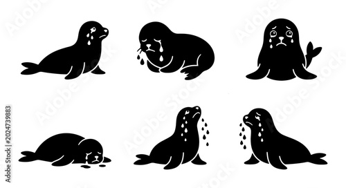 Bild auf Leinwand Sad Crying Seal Vector Icons Set, Emotional Marine Mammal Illustrations, Black a