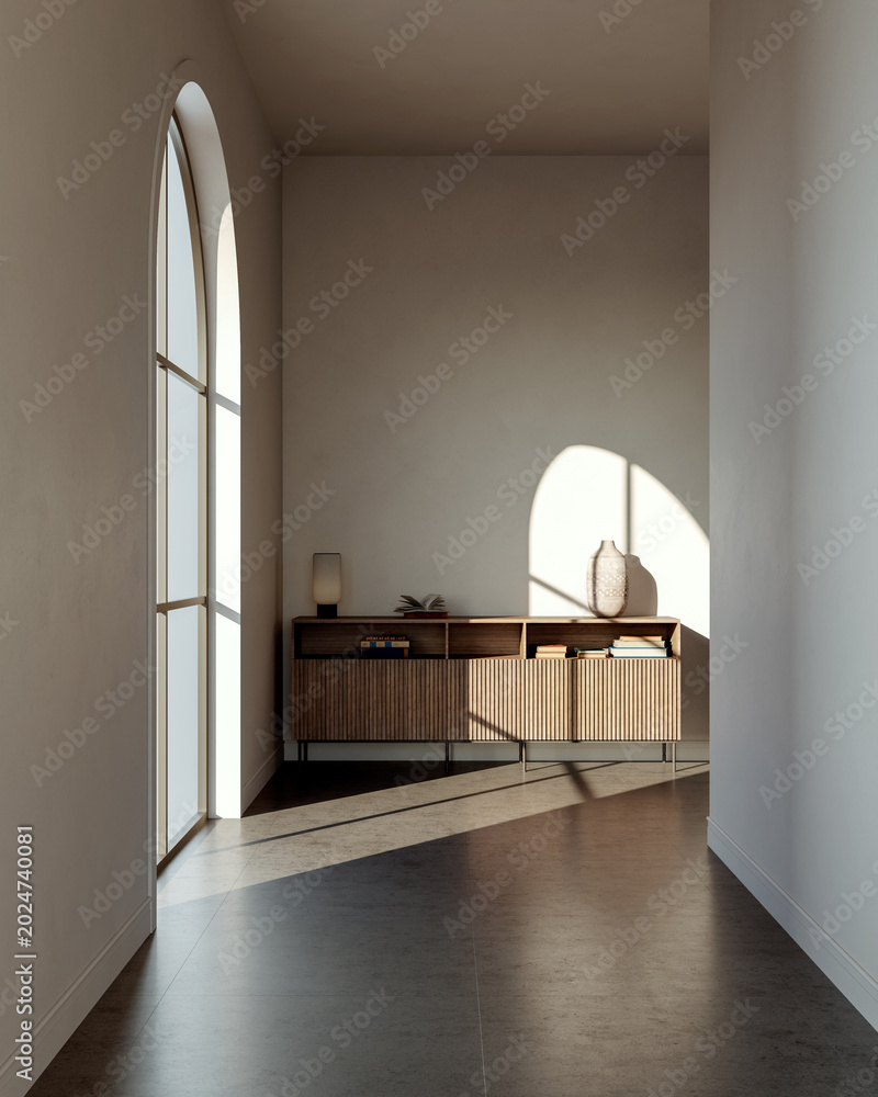 Obraz premium 3D render, illustration Large Luxury modern living room interior, realistic lighting, wide angle, contemporary furniture, clean lines, minimalist decor, elegant home design, large window