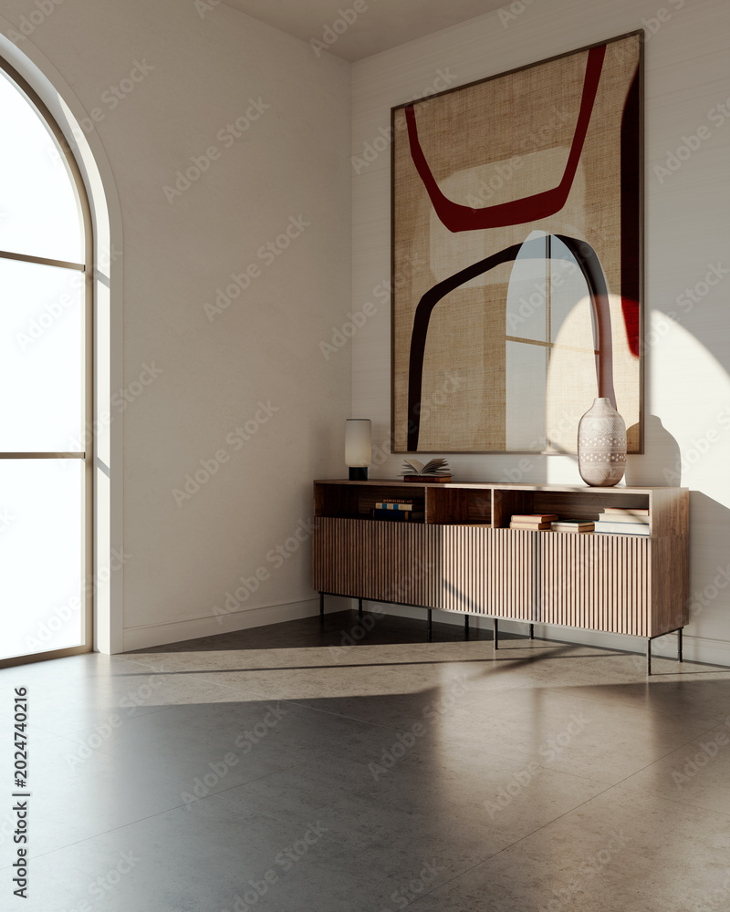 Obraz premium 3D render, illustration Large Luxury modern living room interior, realistic lighting, wide angle, contemporary furniture, clean lines, minimalist decor, elegant home design, large window