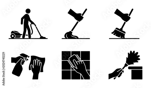 Foto Cleaning Icons Set: Vacuuming, Mopping, Sweeping, Spraying, Scrubbing, Dusting