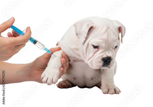 Veterinarian giving an injection to a puppy isolated on transparent background