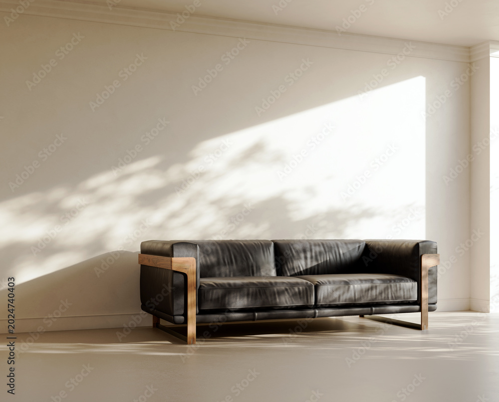 Obraz premium 3D render, illustration Large Luxury modern living room interior, realistic lighting, wide angle, contemporary furniture, clean lines, minimalist decor, elegant home design, large window