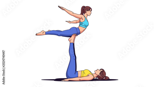 Tablou pe pânză Acro Yoga Duo in Harmony: Two women perform an intricate Acro Yoga pose, demonstrating balance, strength, and trust as one supports the other in an aerial display of athleticism and connection