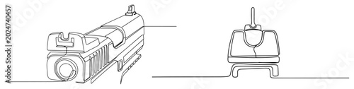 Schilderij op canvas Handgun sights and muzzle view from shooter perspective in continuous line art s