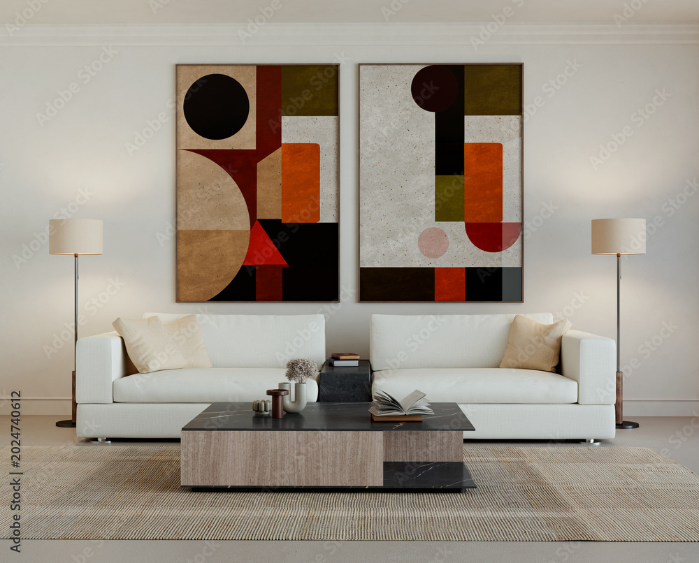 Obraz premium 3D render, illustration Large Luxury modern living room interior, realistic lighting, wide angle, contemporary furniture, clean lines, minimalist decor, elegant home design, large window