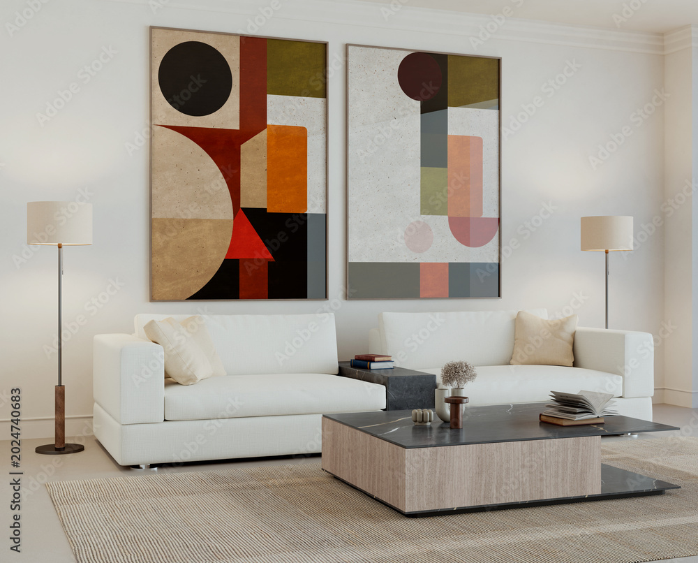 Obraz premium 3D render, illustration Large Luxury modern living room interior, realistic lighting, wide angle, contemporary furniture, clean lines, minimalist decor, elegant home design, large window