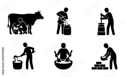Fotografia Dairy Farming and Production Icons: Milking Cow, Churning Butter, Making Cheese,