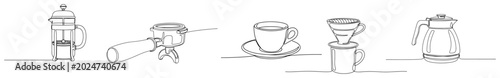 Foto Coffee brewing equipment with french press and espresso cup in continuous line d