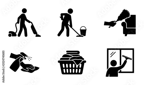 Fotografie Household Cleaning Icons Set, Domestic Chores Vector Graphics, Housekeeping Pict