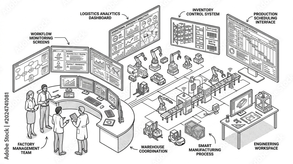 Obraz premium Industrial control room with multiple screens and workers.