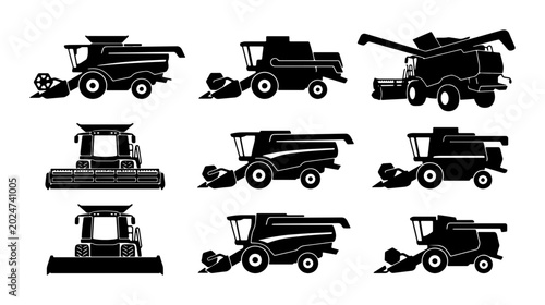 Tableau sur toile Set of 9 Black Silhouette Combine Harvester Icons, Agricultural Machinery Vector