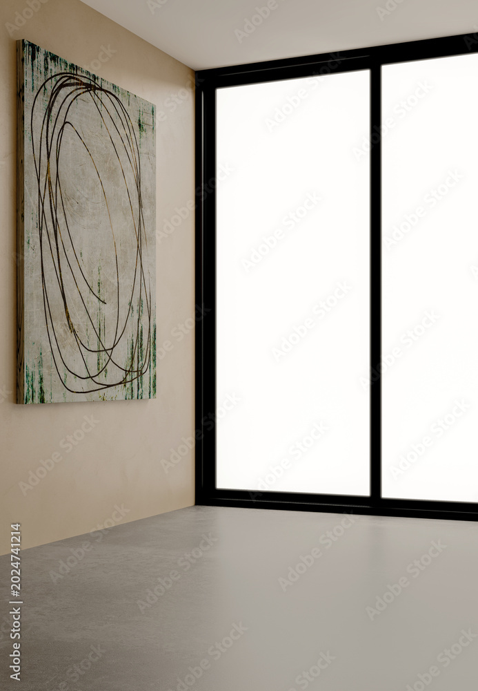 Obraz premium 3D render, illustration Large Luxury modern living room interior, realistic lighting, wide angle, contemporary furniture, clean lines, minimalist decor, elegant home design, large window