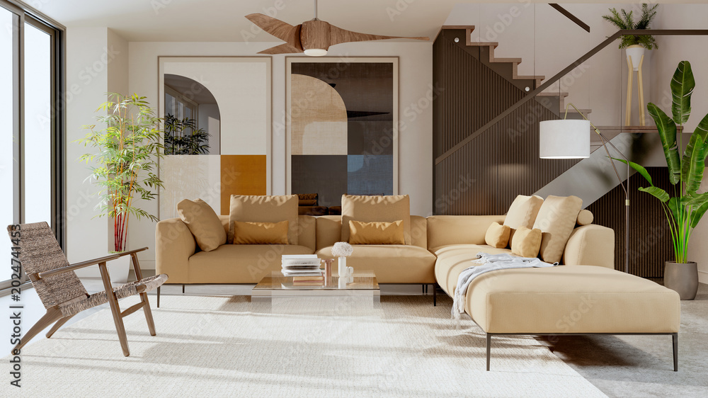 Obraz premium 3D render, illustration Large Luxury modern living room interior, realistic lighting, wide angle, contemporary furniture, clean lines, minimalist decor, elegant home design, large window