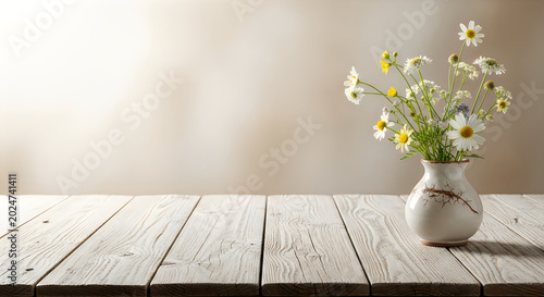 Minimalist wildflower bouquet in white vase on light wooden table by window