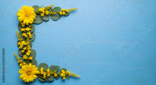 Yellow floral corner decoration on blue wooden background
