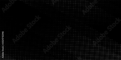 Abstract black background with dark grey halftone dot patterns. Minimalist geometric circle matrix backdrop for modern corporate presentation, tech banner, or creative cover.