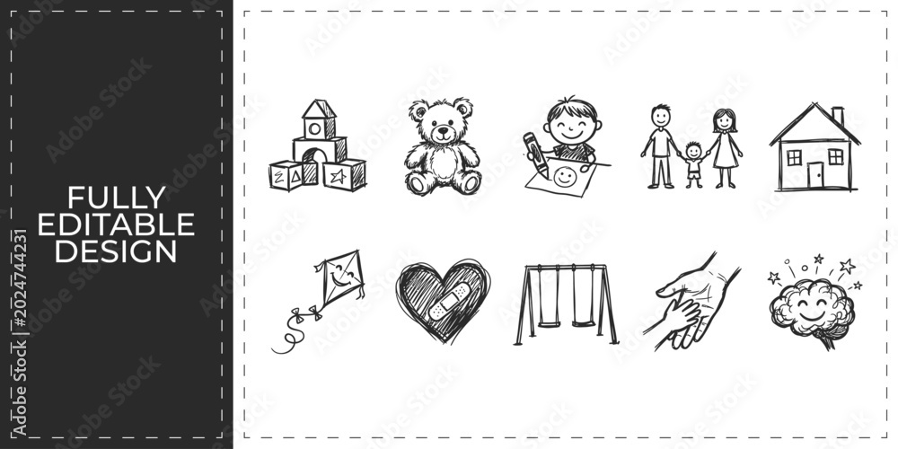 Fototapeta premium Hand drawn kids playground and family home icons with swing house teddy bear and child toys flat vector illustration icon bundle set high resolution