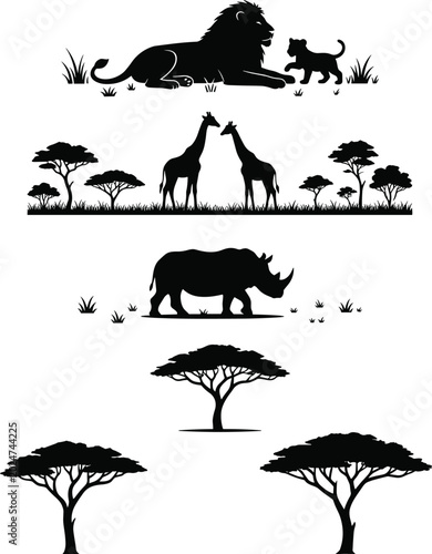 Canvas Print African safari wildlife silhouette set with lion giraffe rhinoceros and acacia t