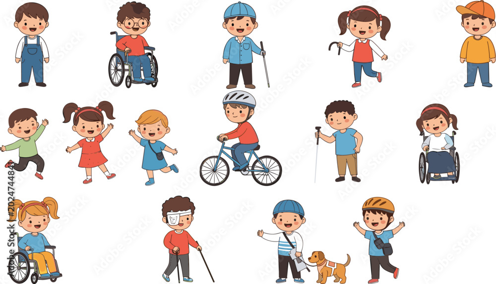Fototapeta premium Inclusive Children Character Collection with Disabled Kids Happy Students and Diversity Education Cartoon Illustrations