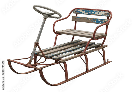 Vintage steerable childrens sled isolated on transparent background