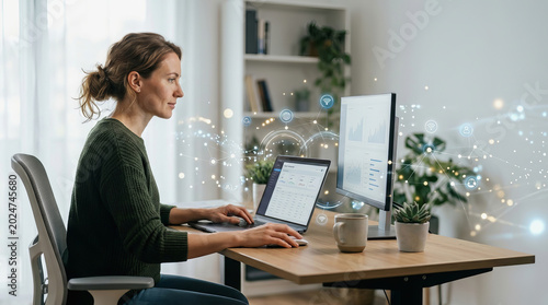 Woman working at desk with laptop and monitor in bright home office with digital network graphics overlaying scene.