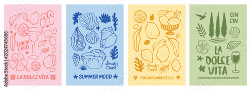 Set of Amalfi coast posters, wall art decoration, prints, colourful background, Mediterranean, sea shells, lemons, can be used for cafe or restaurant decoration, creative doodles vector illustration 