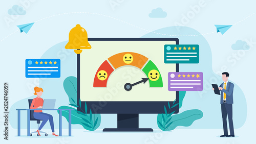 Tiles with user comments and star ratings are visible around the screen. Two employees. Illustration of a customer satisfaction survey. A satisfaction meter appears on the monitor screen.
