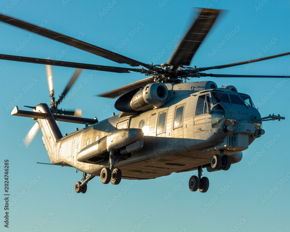 Fototapeta premium Helicopter in Flight Against Clear Blue Sky aircraft