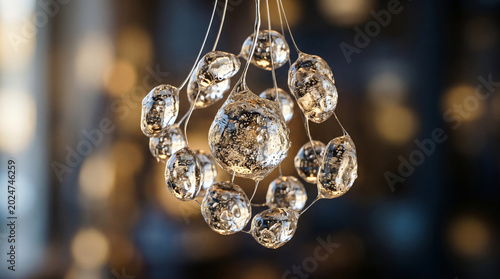 Modern crystal chandelier with green reflections hanging from ceiling