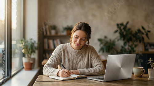 Young woman writing in notebook at wooden desk with laptop and plants near window in cozy home office setting.