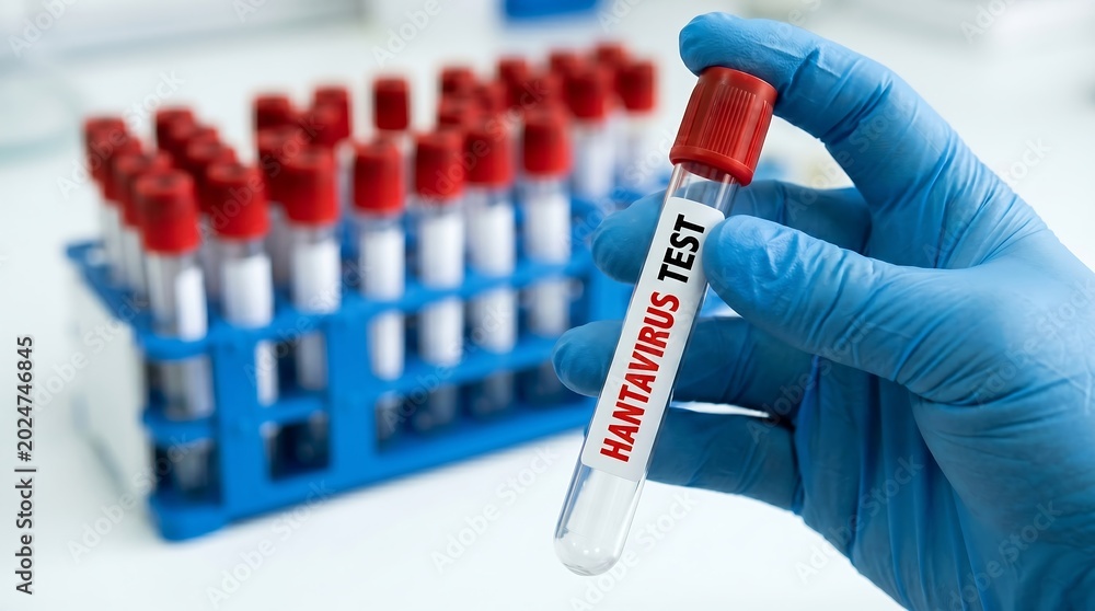 Naklejka premium Laboratory worker holding hantavirus test tube with rack in background