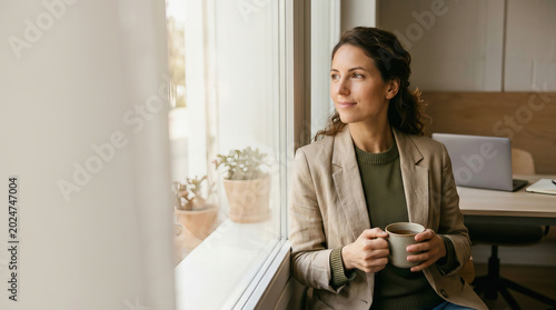 Businesswoman in beige blazer holds coffee mug while gazing thoughtfully out of a bright office window with laptop on desk nearby.