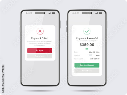 Mobile payment success and failure screens on smartphone vector illustration
