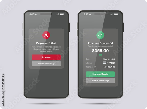 Mobile payment success and failure screens on smartphone vector illustration