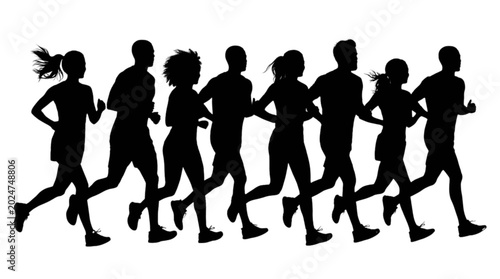 Group of Diverse People Running Together in Silhouette Vector Illustration
