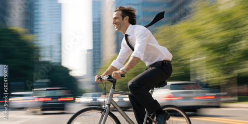 Businessman bicycle cycling city motion happy suit tie urban transportation