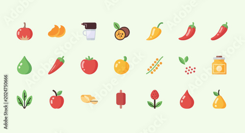 Colorful flat icons of fruits and vegetables