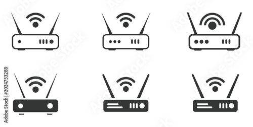 Internet Router Icons Set: Collection of stylish line art and silhouette icons representing wireless internet routers. Wifi connection, network device, home internet, data transmission.