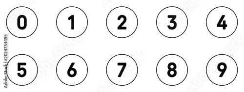 Numbers Zero to Nine: A clean and simple display of numerals from 0 to 9 within circular frames. learning tool, counting aid, mathematical concept, education element, sequential order.