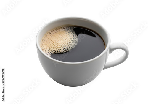 A white cup of black coffee with foam isolated on transparent background