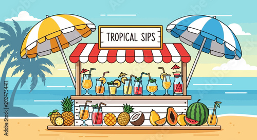 Photos Tropical drinks stand with colorful umbrellas.