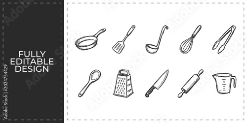 Fotografie Hand drawn kitchen utensils and cutlery icons with soup ladle cheese grater and