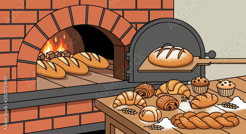 Konstfotografi Breads and pastries on wooden table.