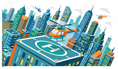 Quadro su tela Urban helicopter landing pad flat vector illustration isolated modern city aviat
